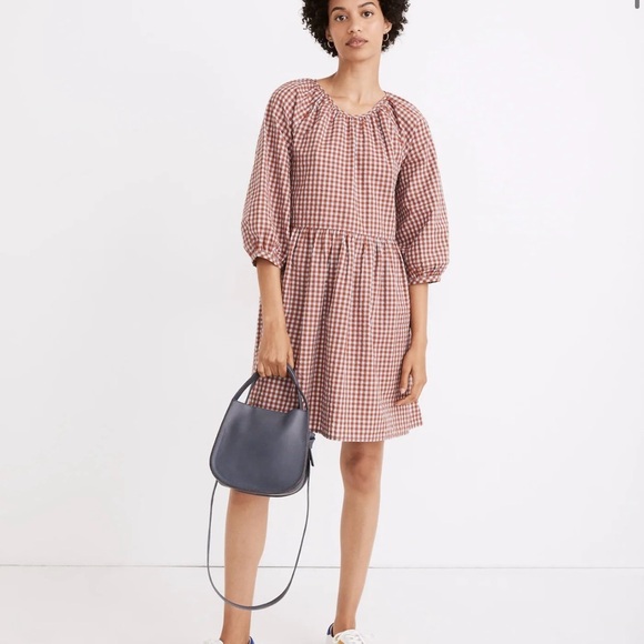 Casual Rust/Gray Crew Neck Raglan Sleeve Gingham Seersucker Sundress - Picture 3 of 10